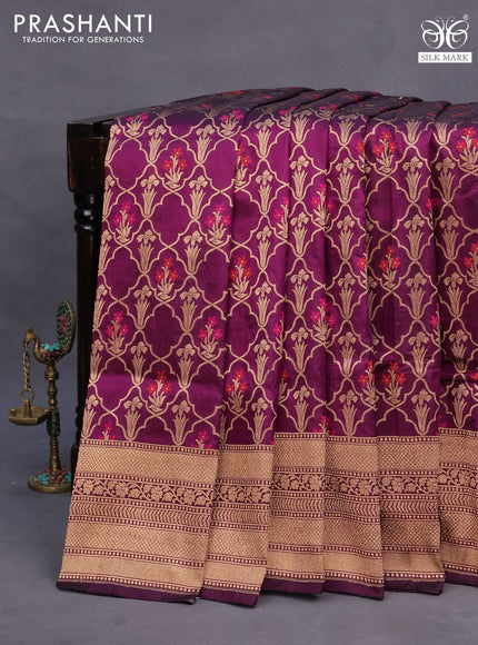 Pure banarasi uppada silk saree deep purple with allover thread & zari woven brocade weaves and zari woven border