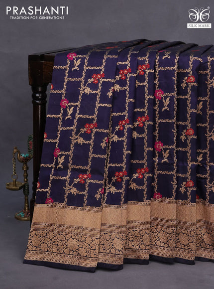 Pure banarasi uppada silk saree navy blue with allover thread & zari woven brocade weaves and zari woven border