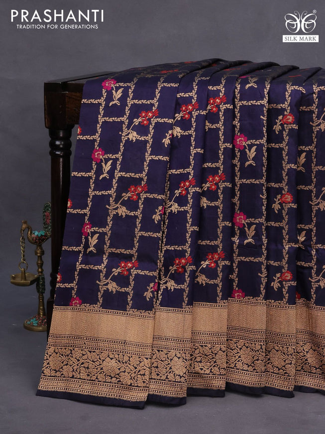 Pure banarasi uppada silk saree navy blue with allover thread & zari woven brocade weaves and zari woven border