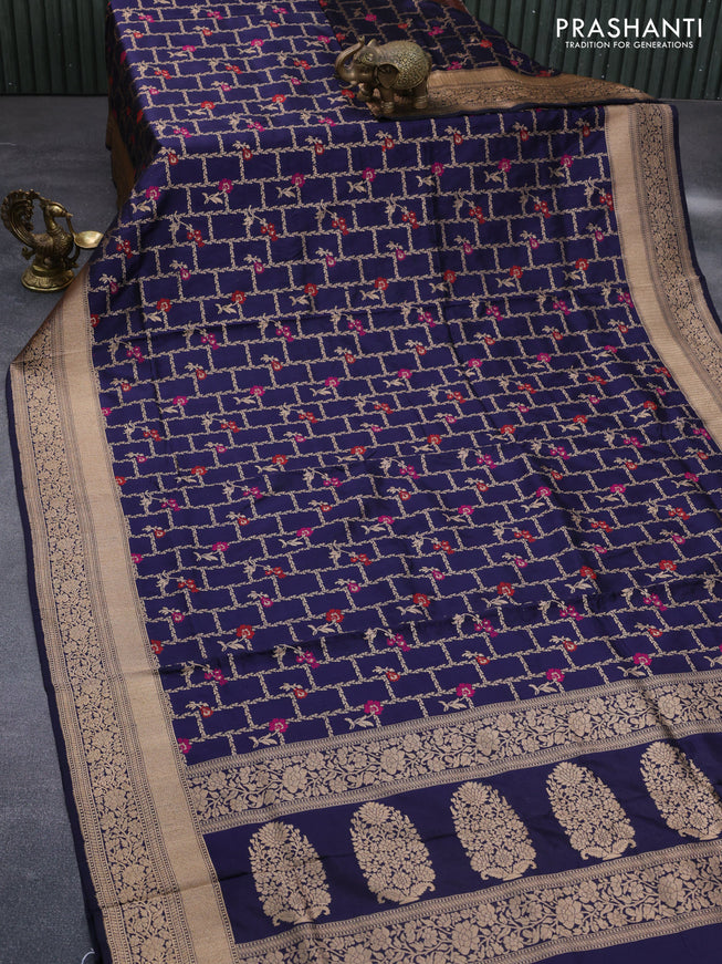 Pure banarasi uppada silk saree navy blue with allover thread & zari woven brocade weaves and zari woven border