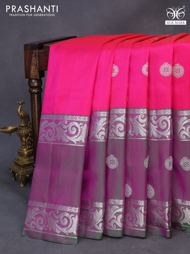 Venkatagiri silk saree pink and green with silver zari woven buttas and long silver zari woven border