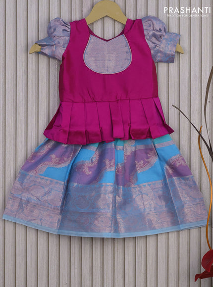 Banarasi kids lehenga pink and light blue with patch work neck pattern and thread zari weaves & woven border