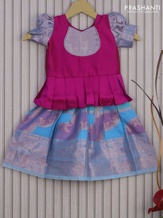 Banarasi kids lehenga pink and light blue with patch work neck pattern and thread zari weaves & woven border