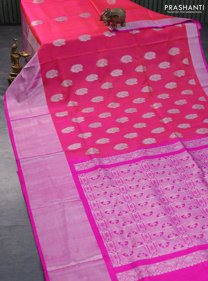 Venkatagiri silk saree dual shade of pinkish orange and pink with silver zari woven annam buttas and long silver zari woven border