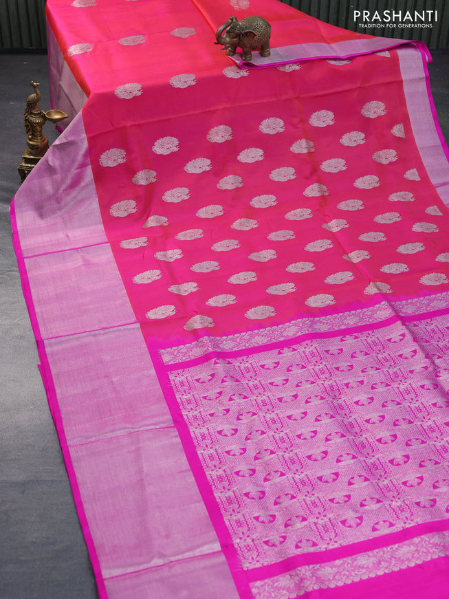 Venkatagiri silk saree dual shade of pinkish orange and pink with silver zari woven annam buttas and long silver zari woven border