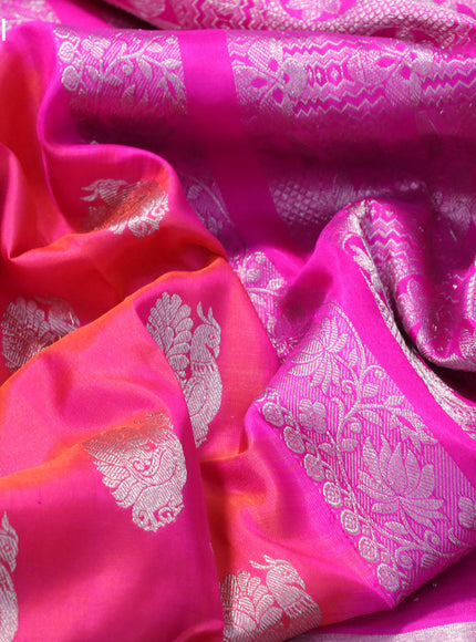 Venkatagiri silk saree dual shade of pinkish orange and pink with silver zari woven annam buttas and long silver zari woven border