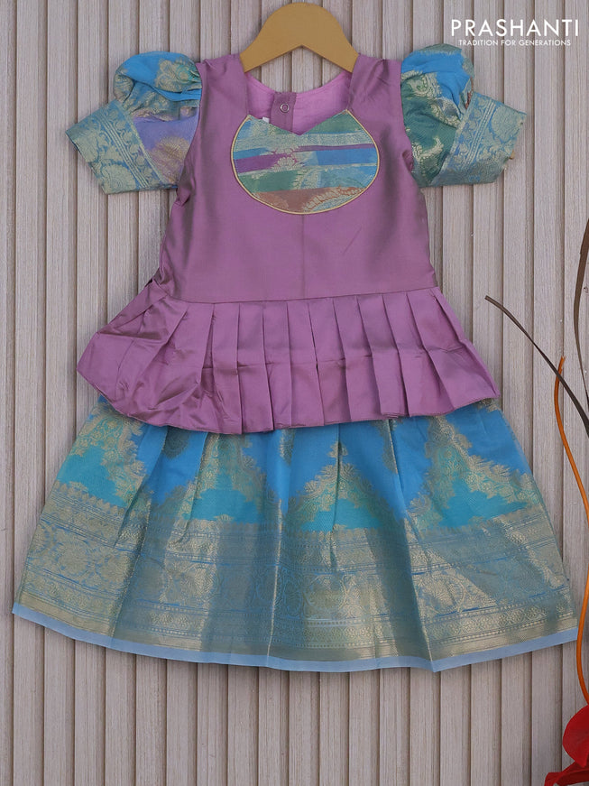 Banarasi kids lehenga mild purple and light blue with patch work neck pattern and thread zari weaves & woven border