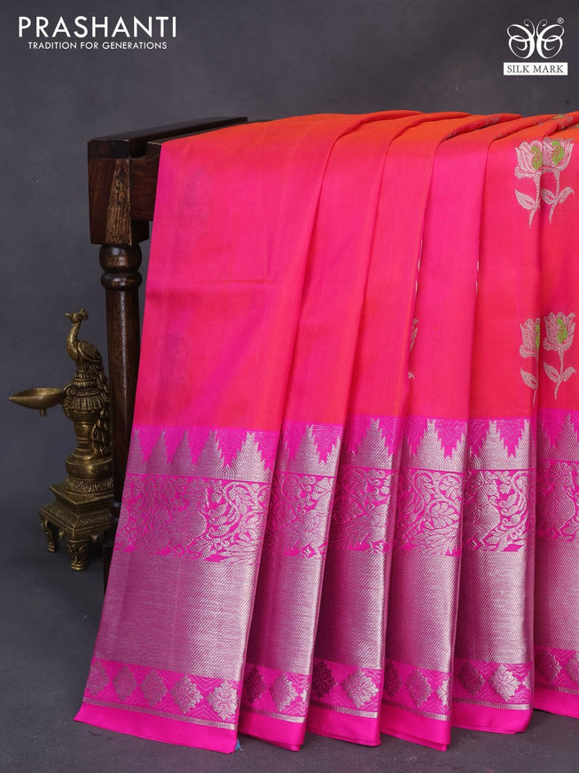 Venkatagiri silk saree dual shade of pinkish orange and pink with silver zari woven floral buttas and long silver zari woven border