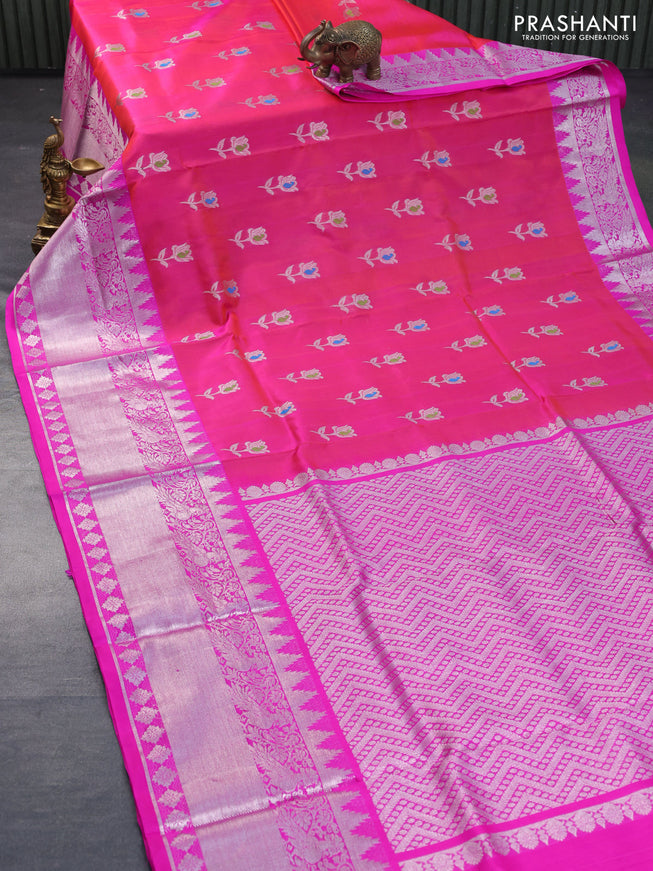 Venkatagiri silk saree dual shade of pinkish orange and pink with silver zari woven floral buttas and long silver zari woven border