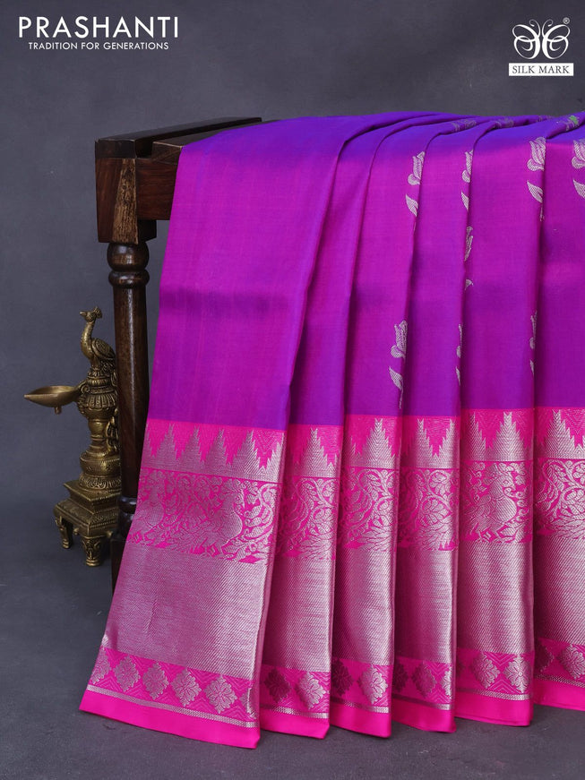 Venkatagiri silk saree purple and pink with silver zari woven floral buttas and long silver zari woven border