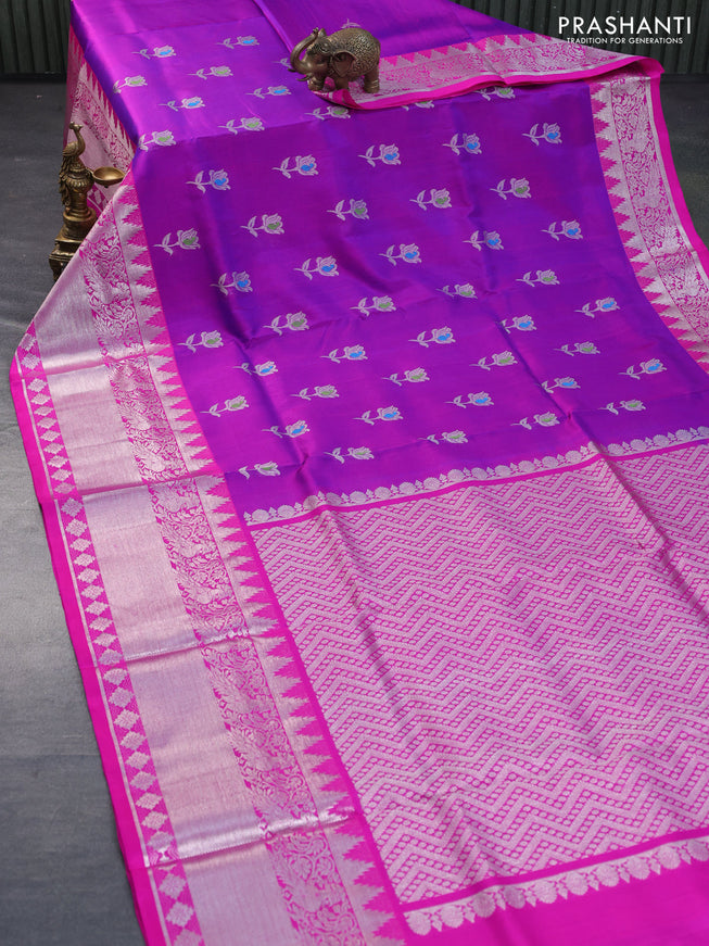 Venkatagiri silk saree purple and pink with silver zari woven floral buttas and long silver zari woven border