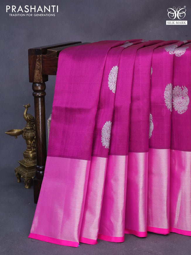 Venkatagiri silk saree dark magenta pink and pink with silver zari woven annam buttas and long silver zari woven border