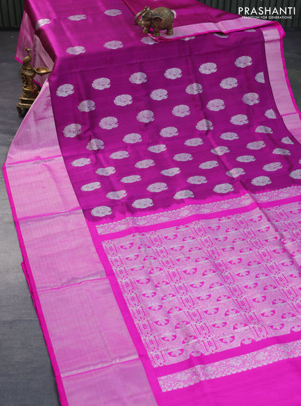 Venkatagiri silk saree dark magenta pink and pink with silver zari woven annam buttas and long silver zari woven border