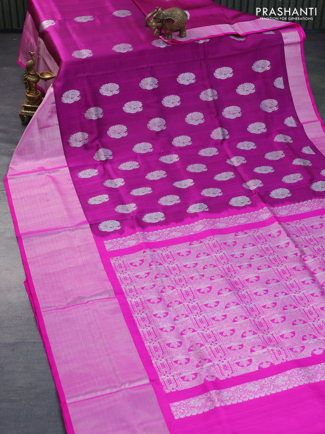 Venkatagiri silk saree dark magenta pink and pink with silver zari woven annam buttas and long silver zari woven border