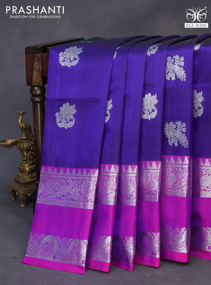 Venkatagiri silk saree blue and pink with silver zari woven buttas and long rettapet silver zari woven border