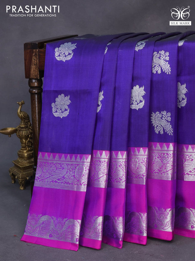 Venkatagiri silk saree blue and pink with silver zari woven buttas and long rettapet silver zari woven border