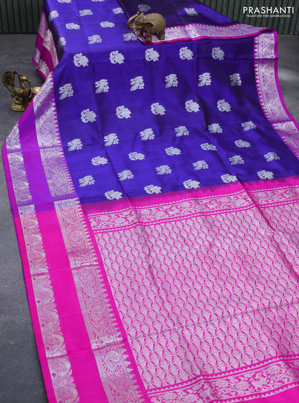 Venkatagiri silk saree blue and pink with silver zari woven buttas and long rettapet silver zari woven border