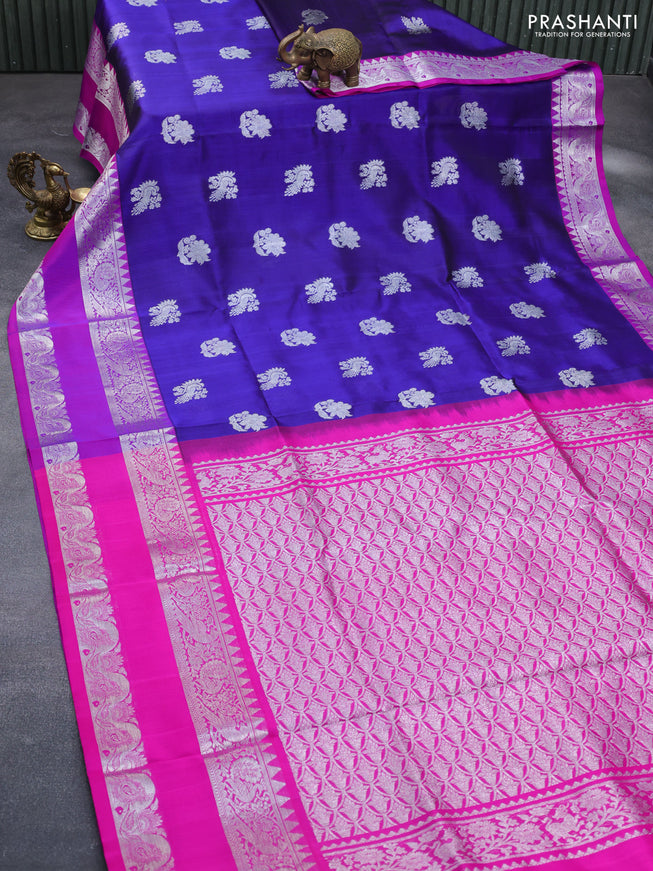 Venkatagiri silk saree blue and pink with silver zari woven buttas and long rettapet silver zari woven border