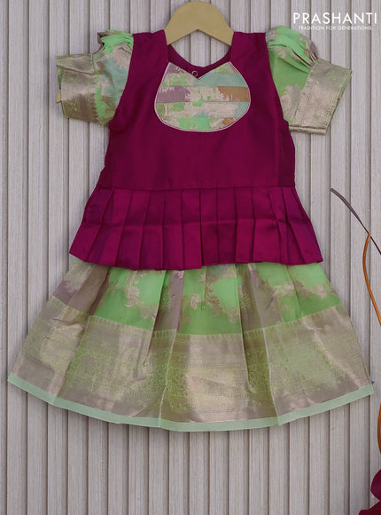 Banarasi kids lehenga magenta pink and light green with patch work neck pattern and thread zari weaves & woven border