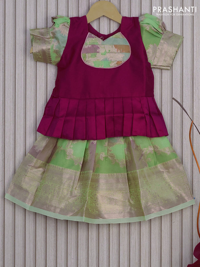 Banarasi kids lehenga magenta pink and light green with patch work neck pattern and thread zari weaves & woven border