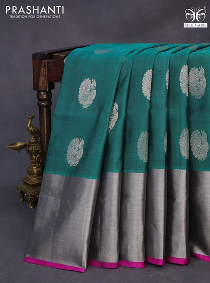 Venkatagiri silk saree peacock green and pink with silver zari woven peacock buttas and long silver zari woven border