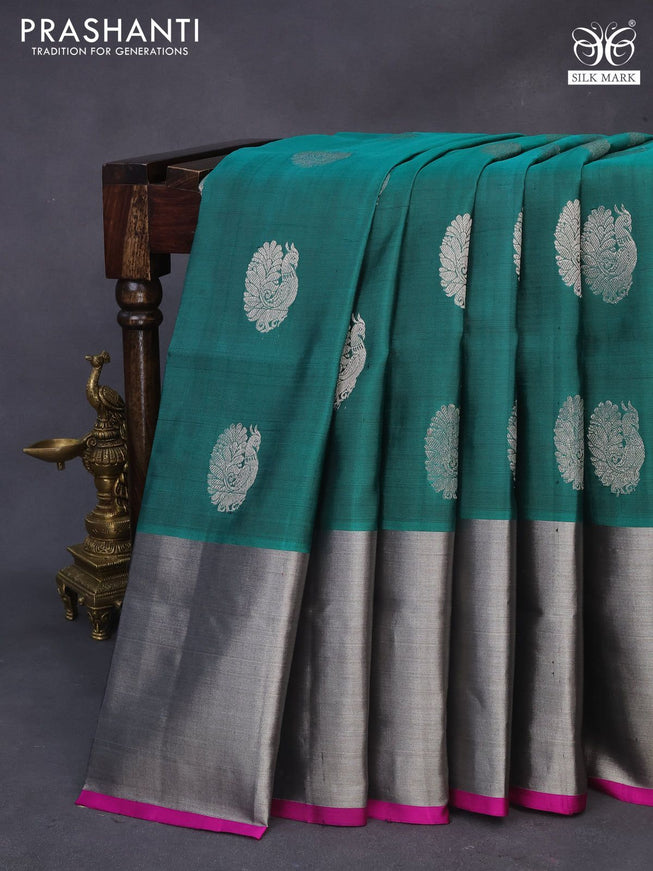 Venkatagiri silk saree peacock green and pink with silver zari woven peacock buttas and long silver zari woven border