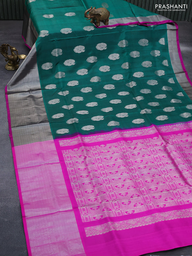 Venkatagiri silk saree peacock green and pink with silver zari woven peacock buttas and long silver zari woven border