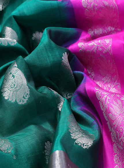 Venkatagiri silk saree peacock green and pink with silver zari woven peacock buttas and long silver zari woven border