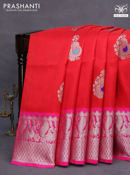 Venkatagiri silk saree red and pink with allover silver zari woven buttas and annam design silver zari woven border