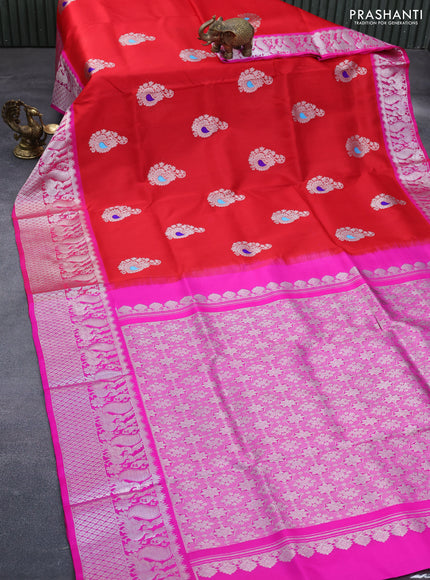 Venkatagiri silk saree red and pink with allover silver zari woven buttas and annam design silver zari woven border