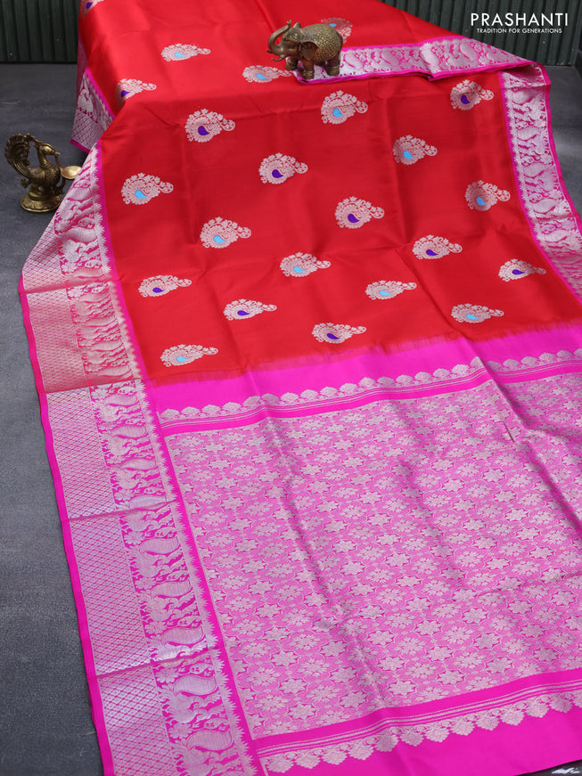 Venkatagiri silk saree red and pink with allover silver zari woven buttas and annam design silver zari woven border