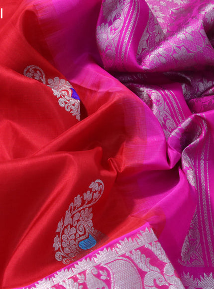 Venkatagiri silk saree red and pink with allover silver zari woven buttas and annam design silver zari woven border