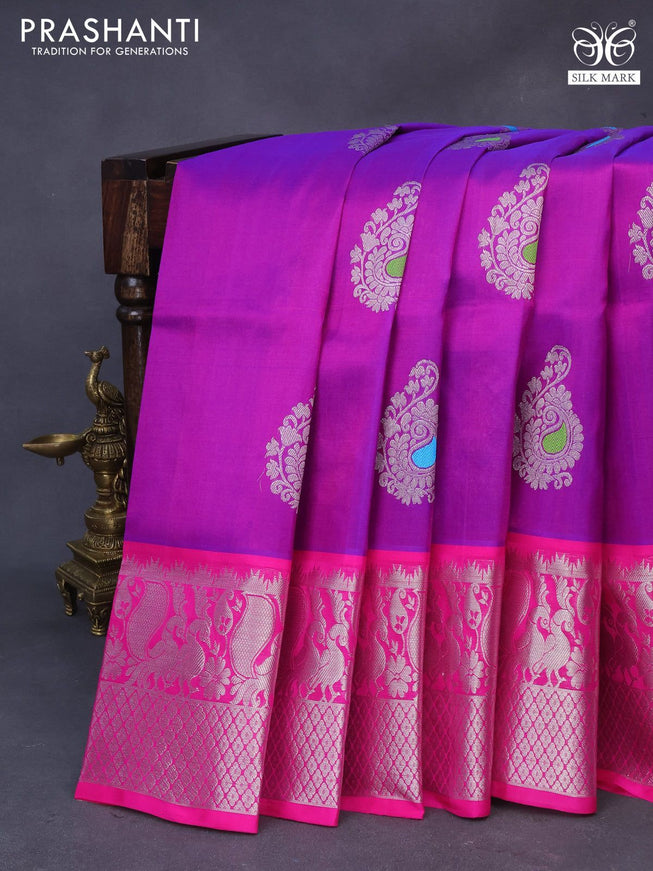 Venkatagiri silk saree purple and pink with allover silver zari woven buttas and annam design silver zari woven border