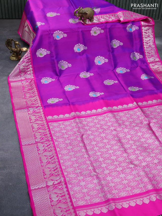 Venkatagiri silk saree purple and pink with allover silver zari woven buttas and annam design silver zari woven border