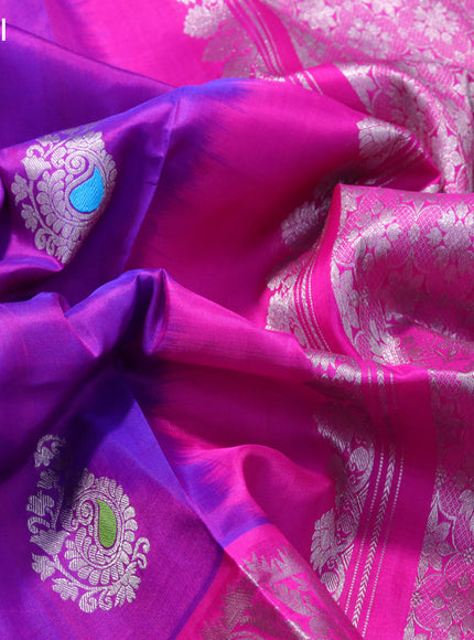 Venkatagiri silk saree purple and pink with allover silver zari woven buttas and annam design silver zari woven border