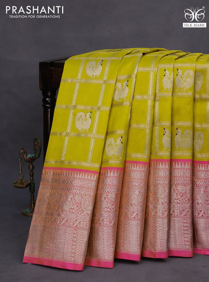 Venkatagiri silk saree lime yellow and pink with allover silver zari checks & buttas and long silver zari woven border