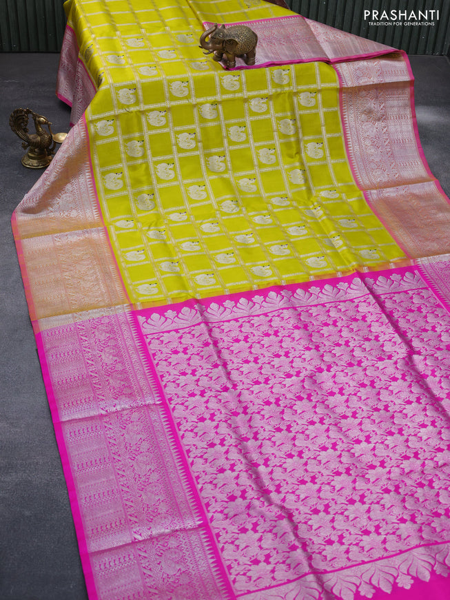 Venkatagiri silk saree lime yellow and pink with allover silver zari checks & buttas and long silver zari woven border