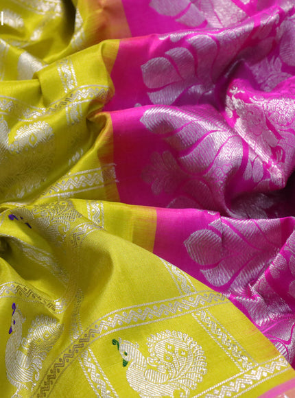 Venkatagiri silk saree lime yellow and pink with allover silver zari checks & buttas and long silver zari woven border