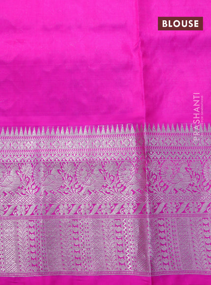 Venkatagiri silk saree lime yellow and pink with allover silver zari checks & buttas and long silver zari woven border