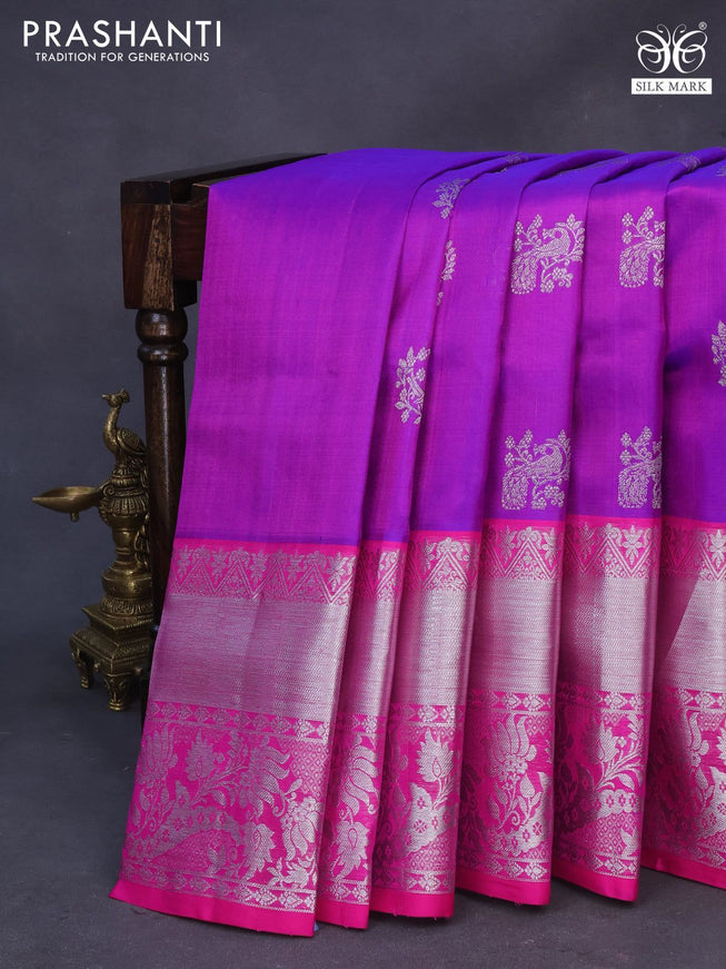 Venkatagiri silk saree purple and pink with silver zari woven paecock buttas and long silver zari woven border