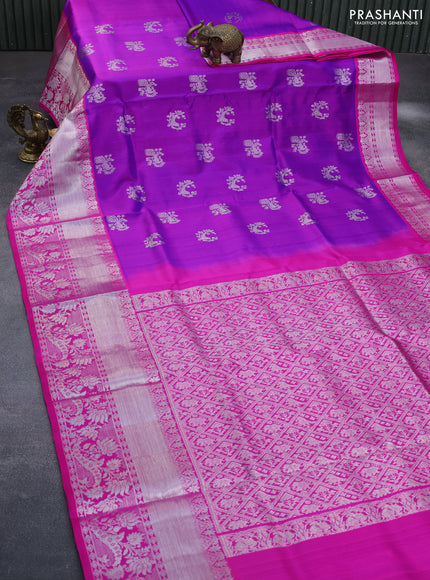 Venkatagiri silk saree purple and pink with silver zari woven paecock buttas and long silver zari woven border