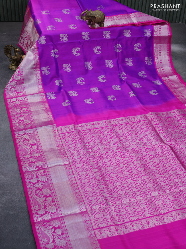 Venkatagiri silk saree purple and pink with silver zari woven paecock buttas and long silver zari woven border