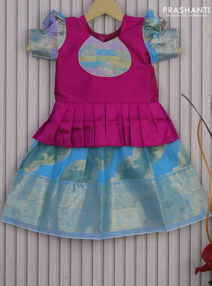 Banarasi kids lehenga pink and light blue with patch work neck pattern and thread zari weaves & woven border