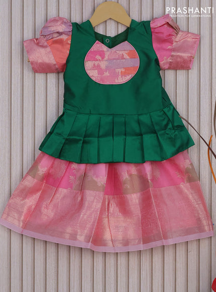 Banarasi kids lehenga dark green and baby pink with patch work neck pattern and thread zari weaves & woven border