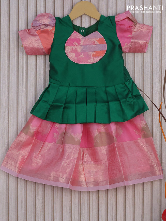 Banarasi kids lehenga dark green and baby pink with patch work neck pattern and thread zari weaves & woven border