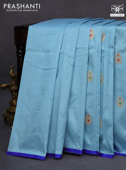 Banarasi katan silk saree light blue shade and royal blue with zari woven buttas and piping border