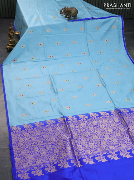 Banarasi katan silk saree light blue shade and royal blue with zari woven buttas and piping border