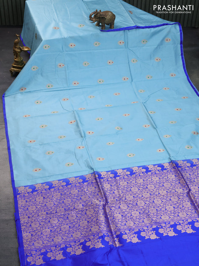 Banarasi katan silk saree light blue shade and royal blue with zari woven buttas and piping border