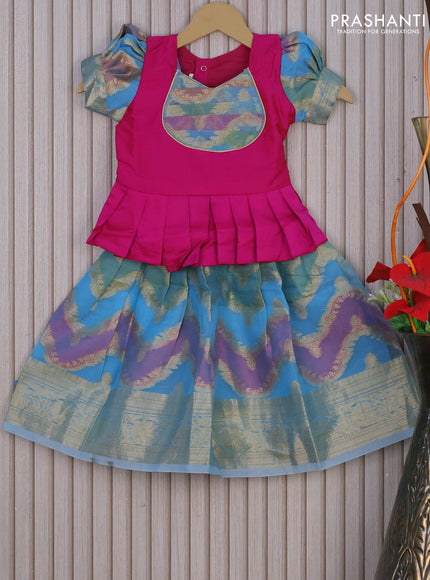 Banarasi kids lehenga pink and light blue with patch work neck pattern and thread zari weaves & woven border