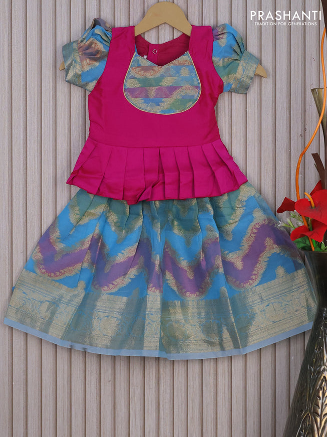 Banarasi kids lehenga pink and light blue with patch work neck pattern and thread zari weaves & woven border